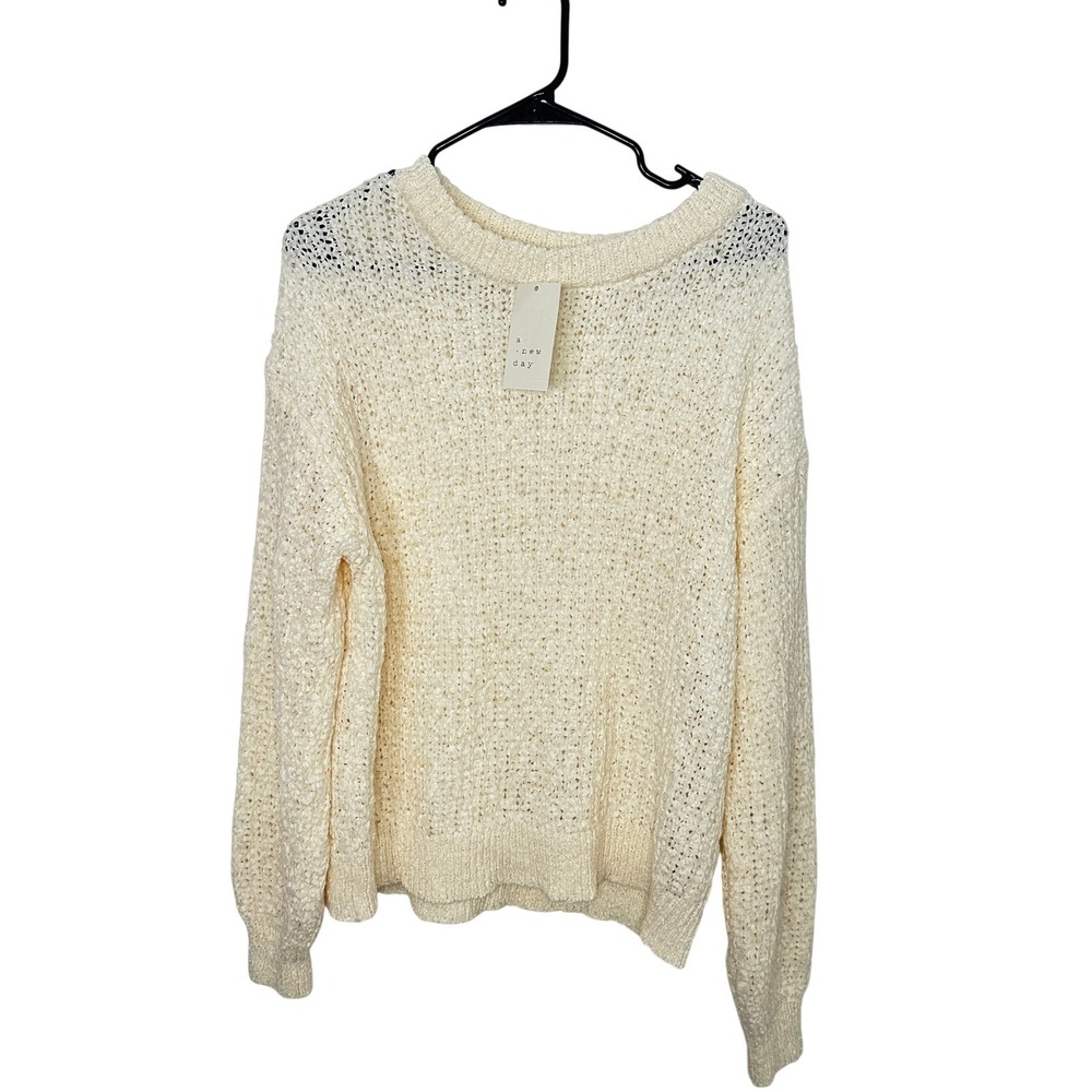 A New Day Womens XXL Cream Open Knit Ribbon Yarn Crewneck Sweater New With Tags